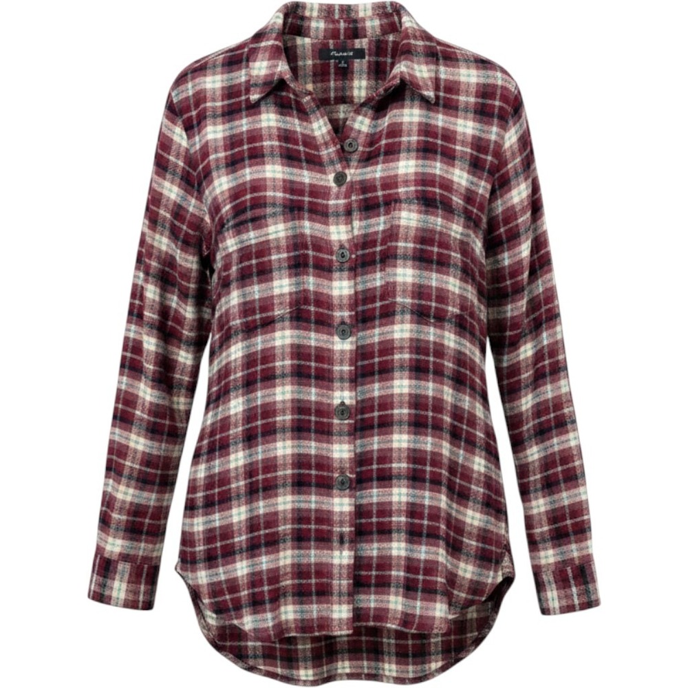 Madewell Women Small Plaid Flannel Button Up Cotton Shirt Burgundy Blue Western
